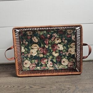 Vintage Rectangular Floral Wicker Basket Serving Tray
